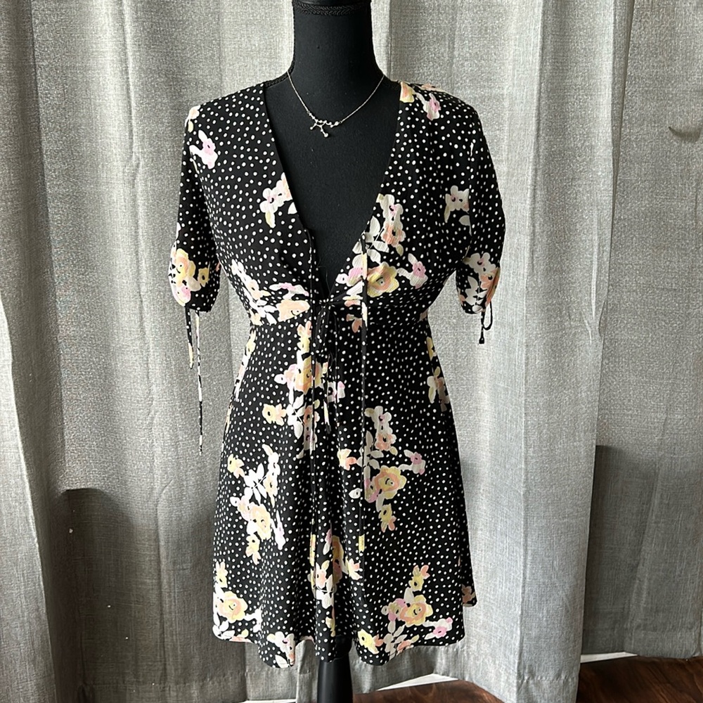 Topshop Black Floral Polka Dot Mini Dress